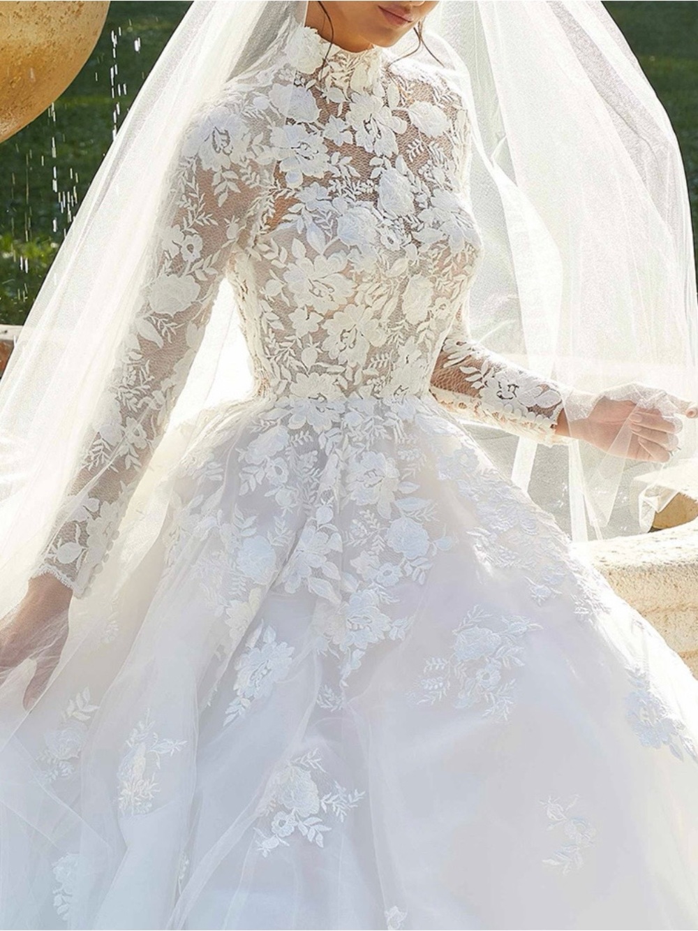 Elegant Long-Sleeve Lace Ball Gown Wedding Dress in White